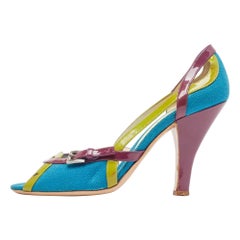 Prada Tricolor Canvas and Patent Leather Peep Toe Pumps Size 40.5