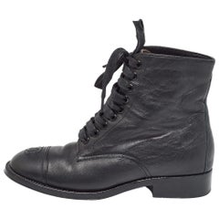Chanel Black Leather CC Cap Toe Ankle Boots Size 35