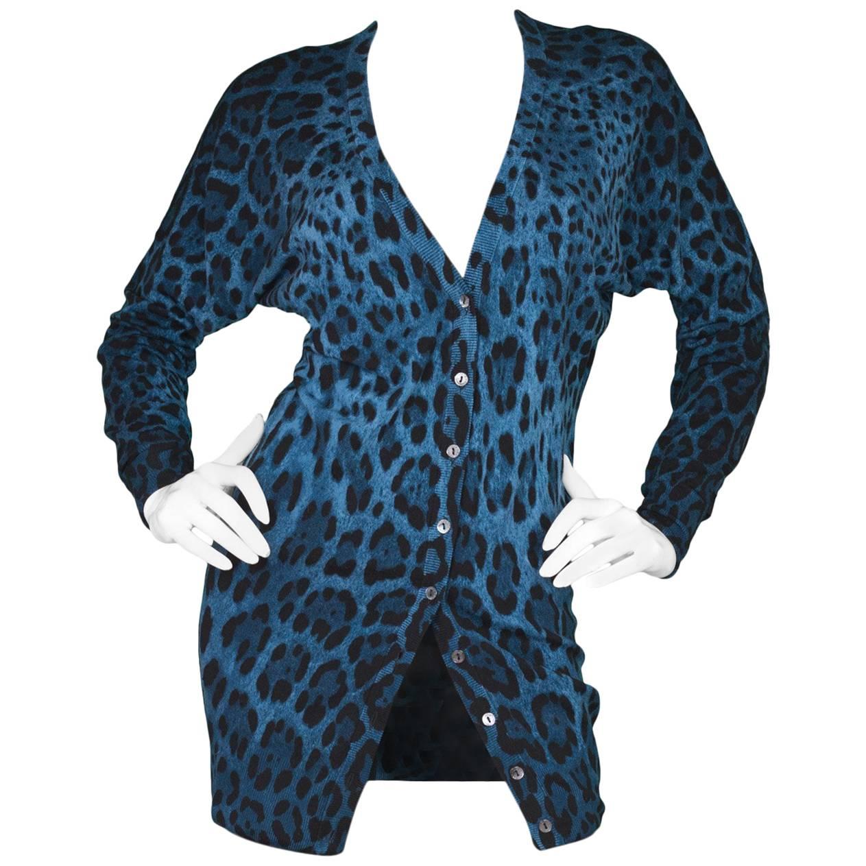 Dolce & Gabbana Blue & Black Leopard Print Wool Cardigan Sweater sz IT40