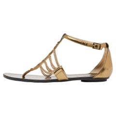 Jimmy Choo Gold Laminated Leather Thong Flat Sandals Size 38.5
