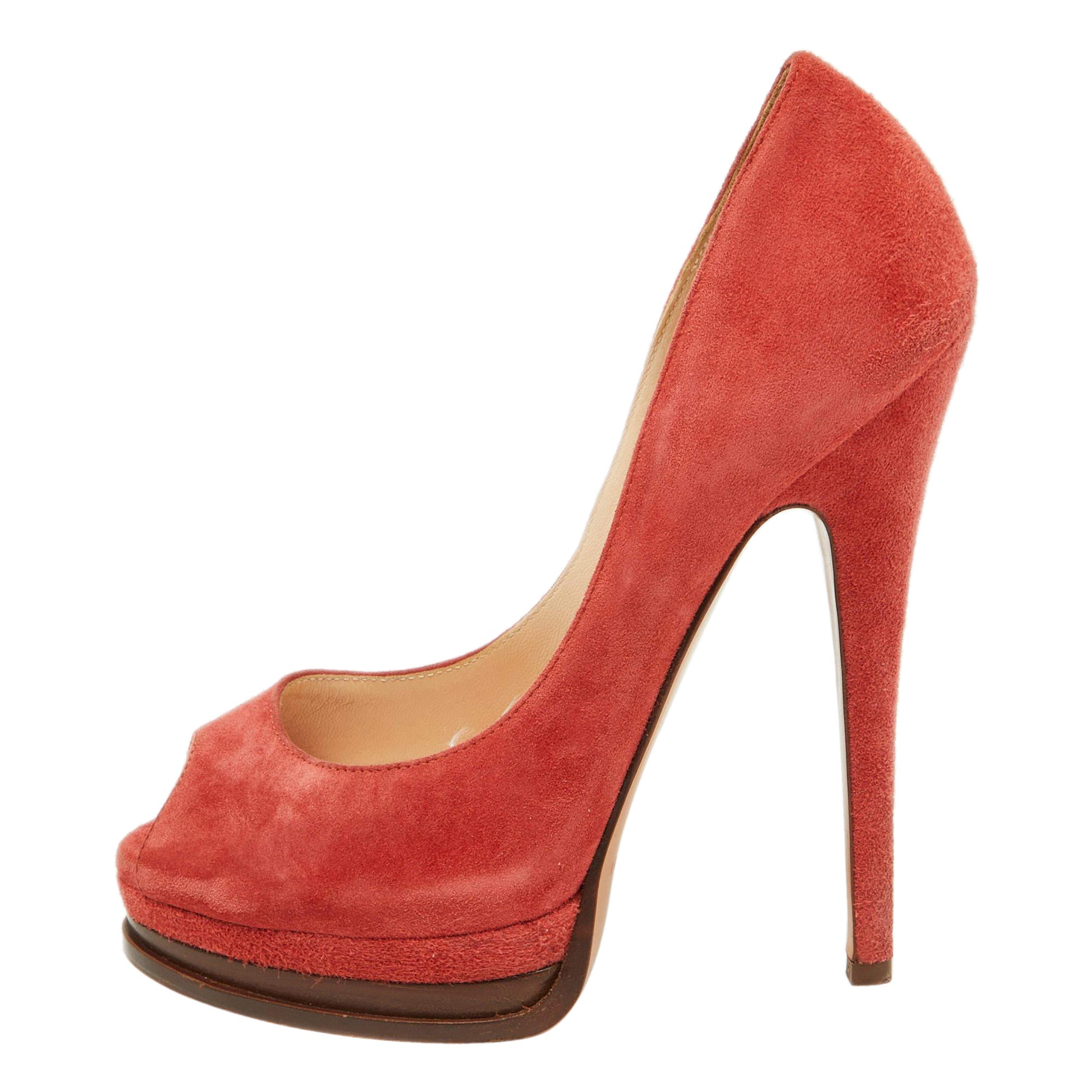 Casadei Brick Brown Suede Daisy Peep Toe Platform Pumps Size 35 For Sale
