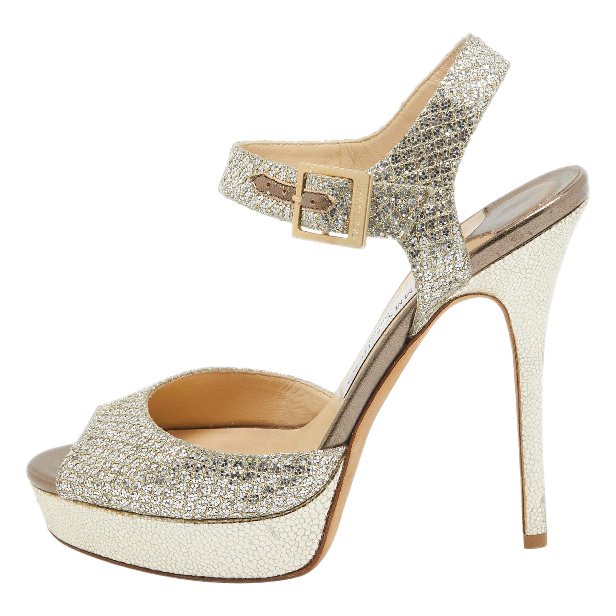 Jimmy Choo - Sandales Linda à lanières paillettes argentées, taille 38 en vente