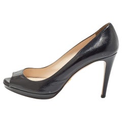 Prada Black Vernice Saffiano Leather Peep Toe Platform Pumps Size 37.5