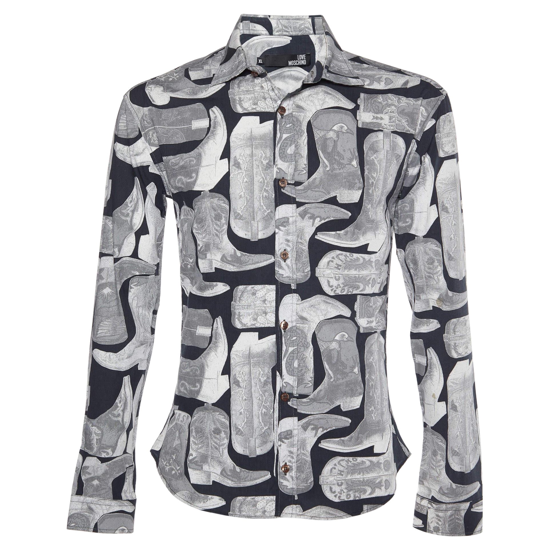 Love Moschino Camisa de popelina con estampado de botas gris XL