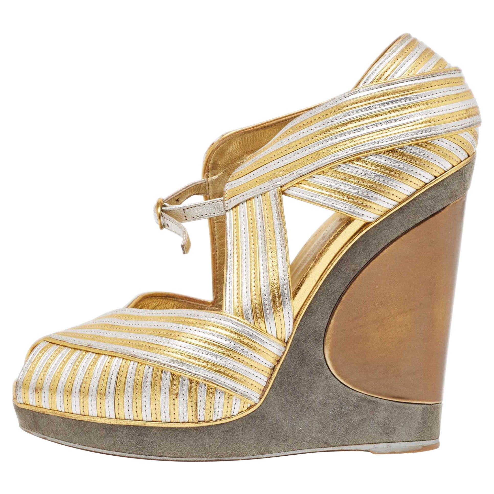 Yves Saint Laurent Gold/Silver Leather and Suede Peep Toe Wedge Pumps 37.5 For Sale