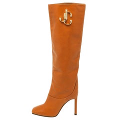 Jimmy Choo Brown Leather Mahesa 100 Embellished Knee Length Boots Size 36