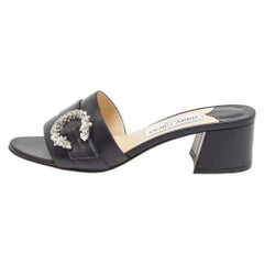 Jimmy Choo Black Leather Crystal Embellished Minea Slide Sandals Size 37