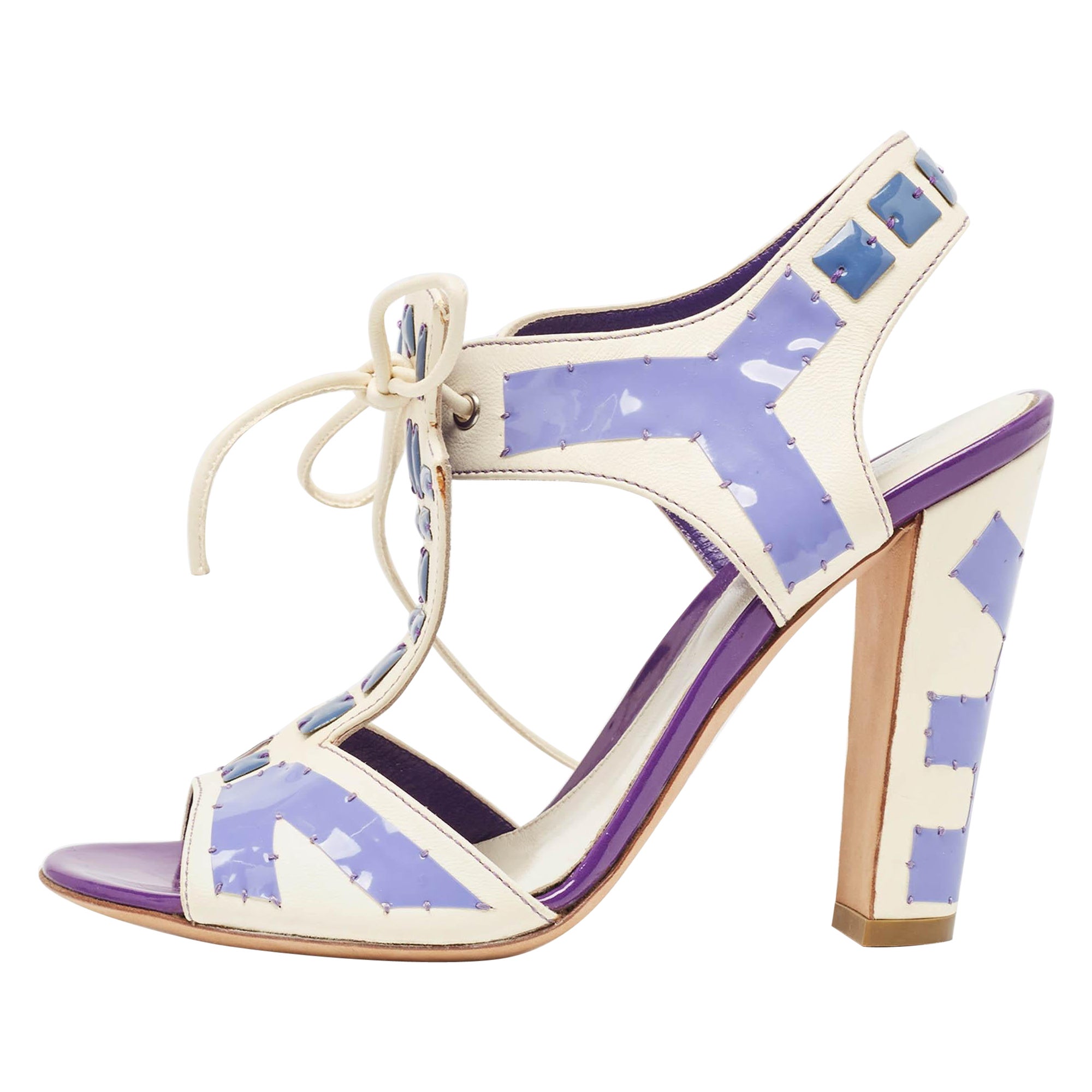 Sergio Rossi White Leather With Purple Cut Out Detail Peep Toe Sandals Size 36.5 For Sale