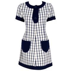 1967 Courreges Couture Navy-Blue Ivory Checkered Wool Mod Space-Age Mini Dress 2