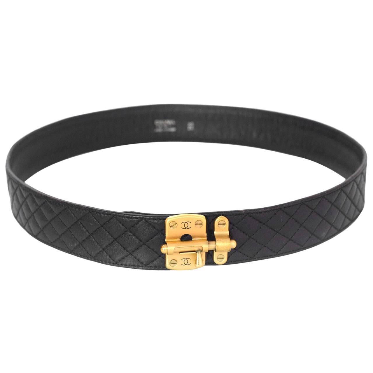 Chanel Black Quilted Leather Belt w/ Lock Closure sz EU85