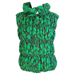 Oscar de la Renta Size XL Silk Kelly Green Black Abstract Print Puffer Vest