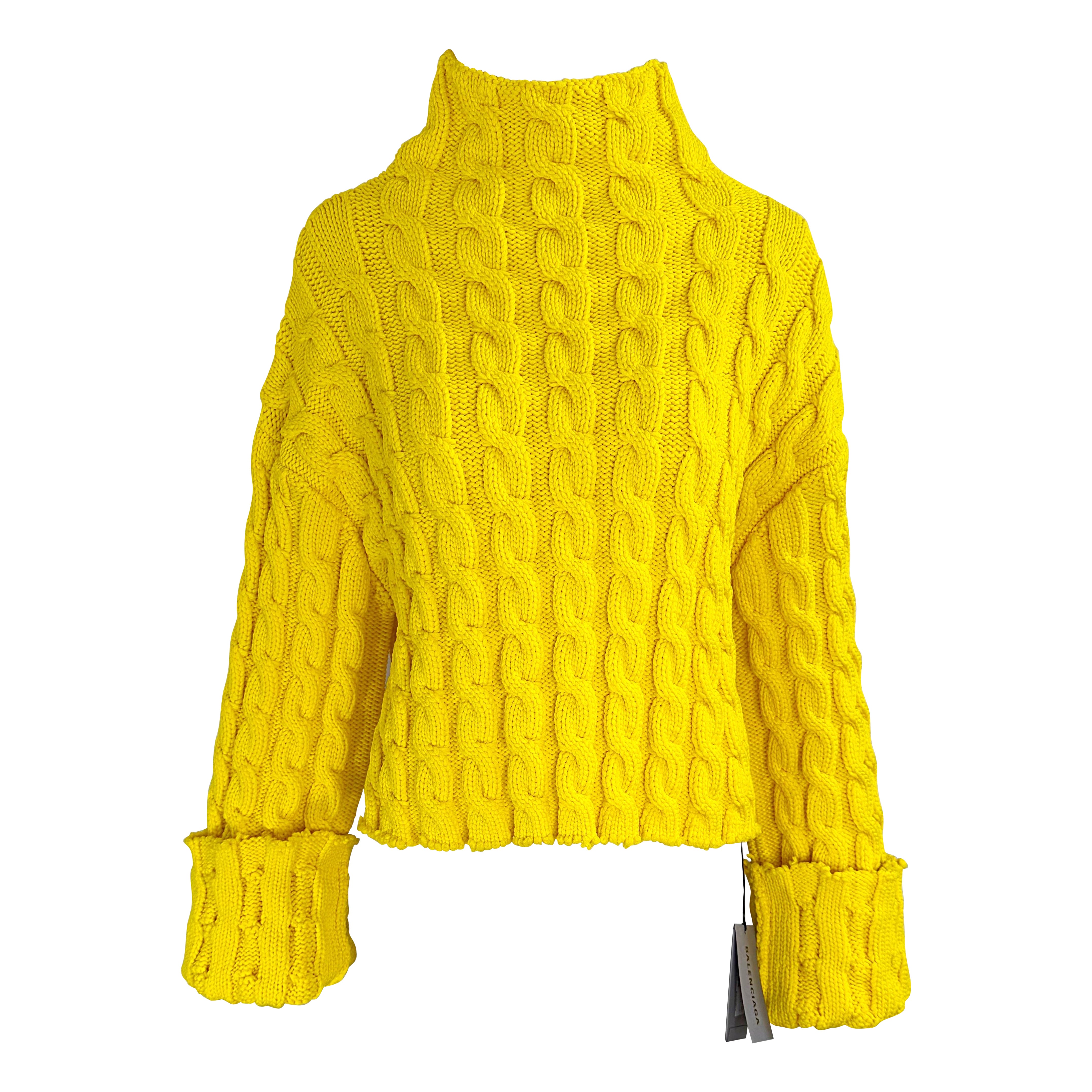 NWT Balenciaga Size Large Bright Yellow Cable Knit Slightly Cropped Sweater For Sale