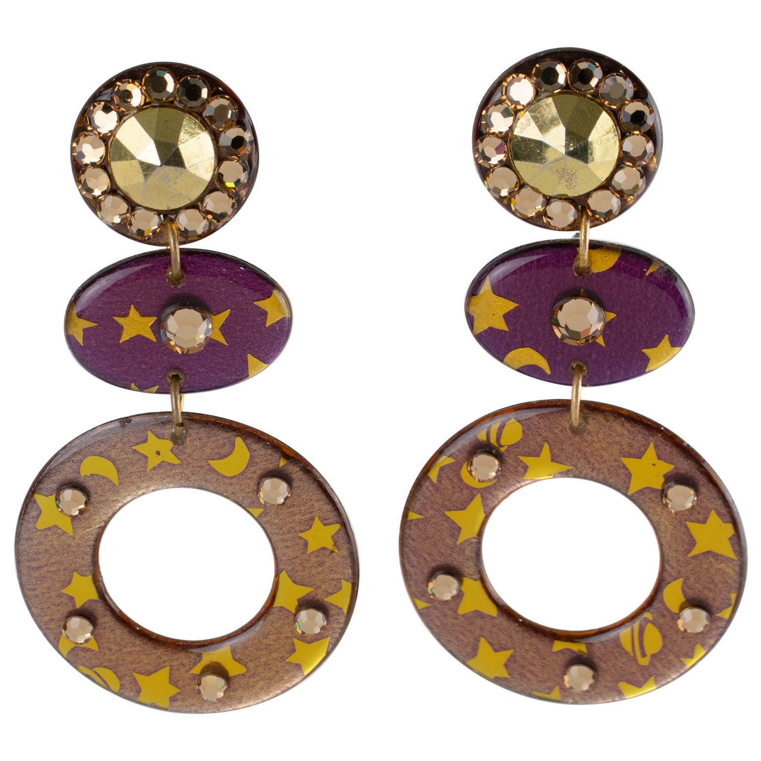 Purple and Gold Acrylic Dangle Earrings For Sale