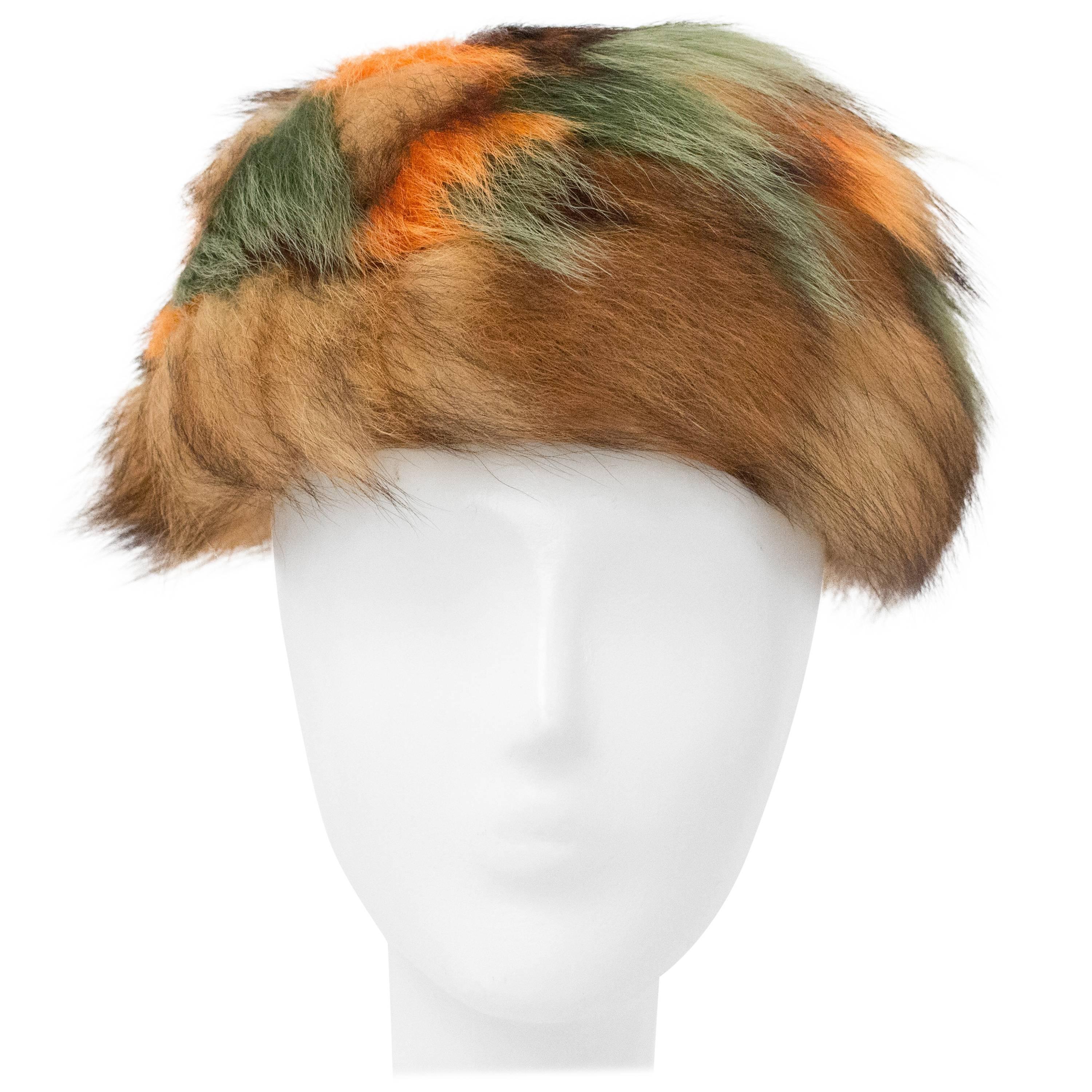 60s Multicolor Orange and Green Raccoon Fur Hat For Sale