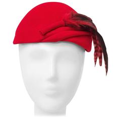 Vintage 50s Red Wool Felt Fashion Hat w/ Feathers
