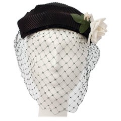 50s Black Veiled Hat w/ White Flower