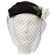 50s Black Veiled Hat w/ White Flower 12
