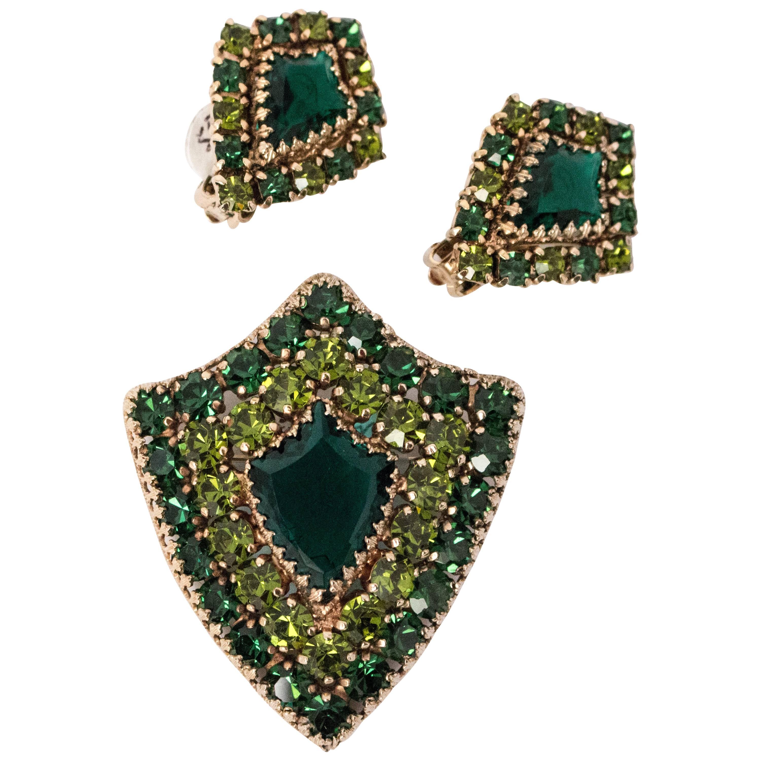 60s Weiss Green Rhinestone Brooch & Earring Shield Set