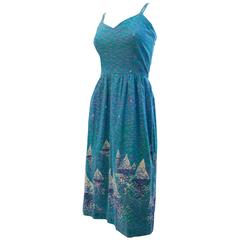 1970s Blue Printed Impressionist Sailboat Sundress 9