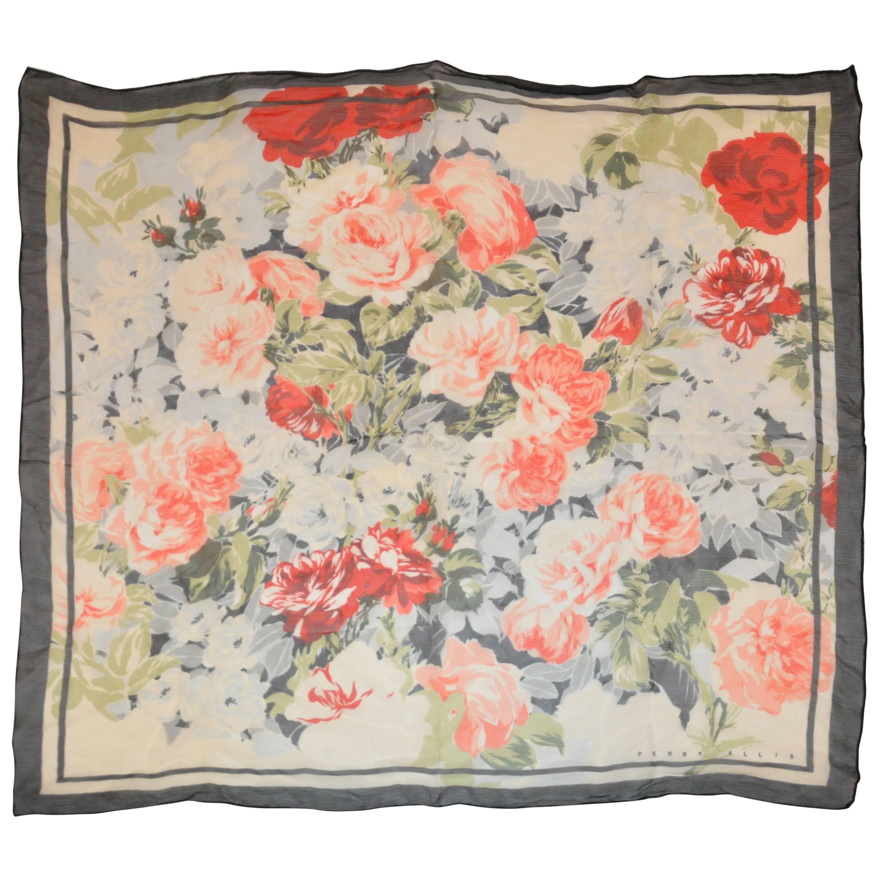Perry Ellis Navy Border with Multi "Floral Arrangement" Silk Chiffon Scarf For Sale