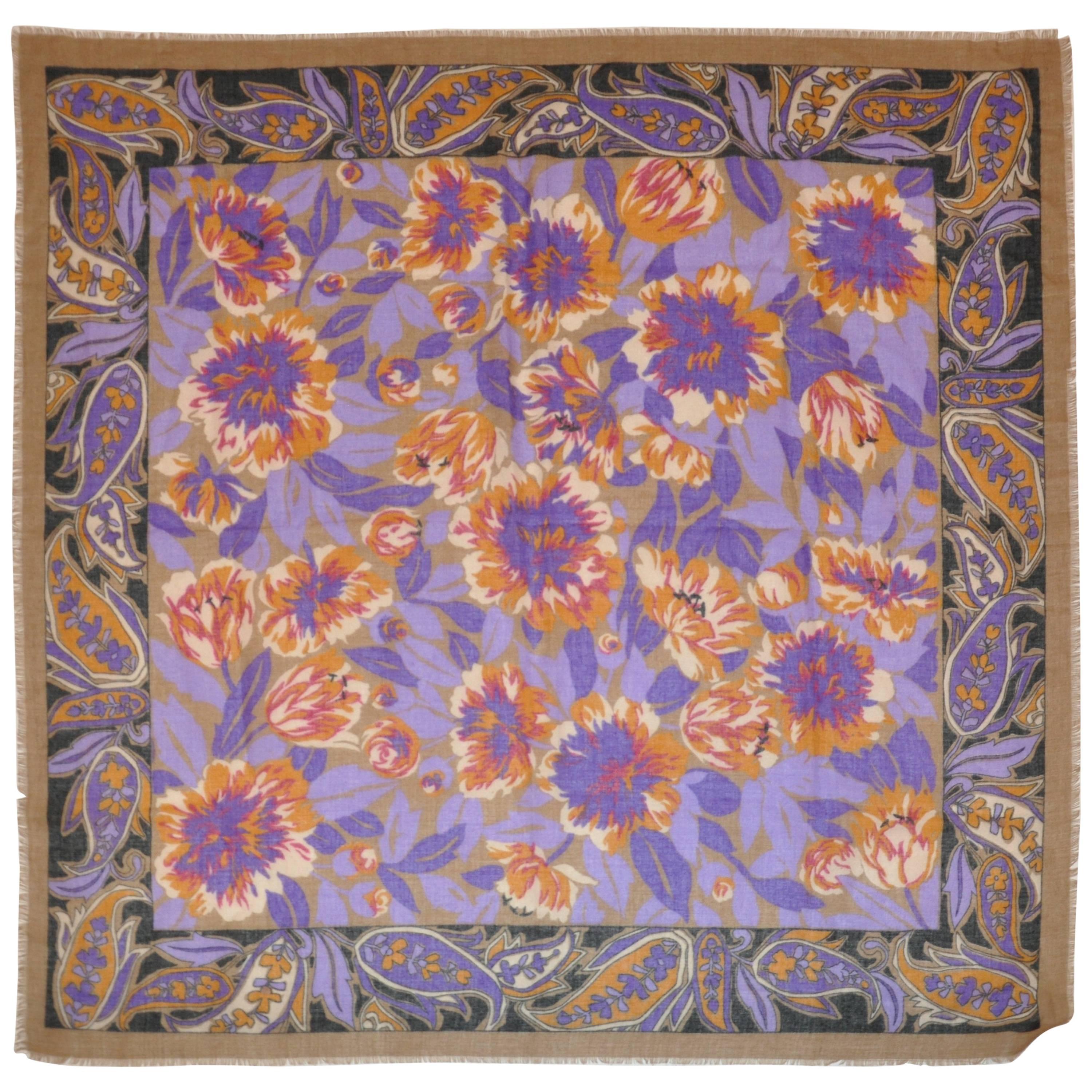 Taupe Borders with Multi-Color Floral Center Challis-Like Fringed Edge Scarf