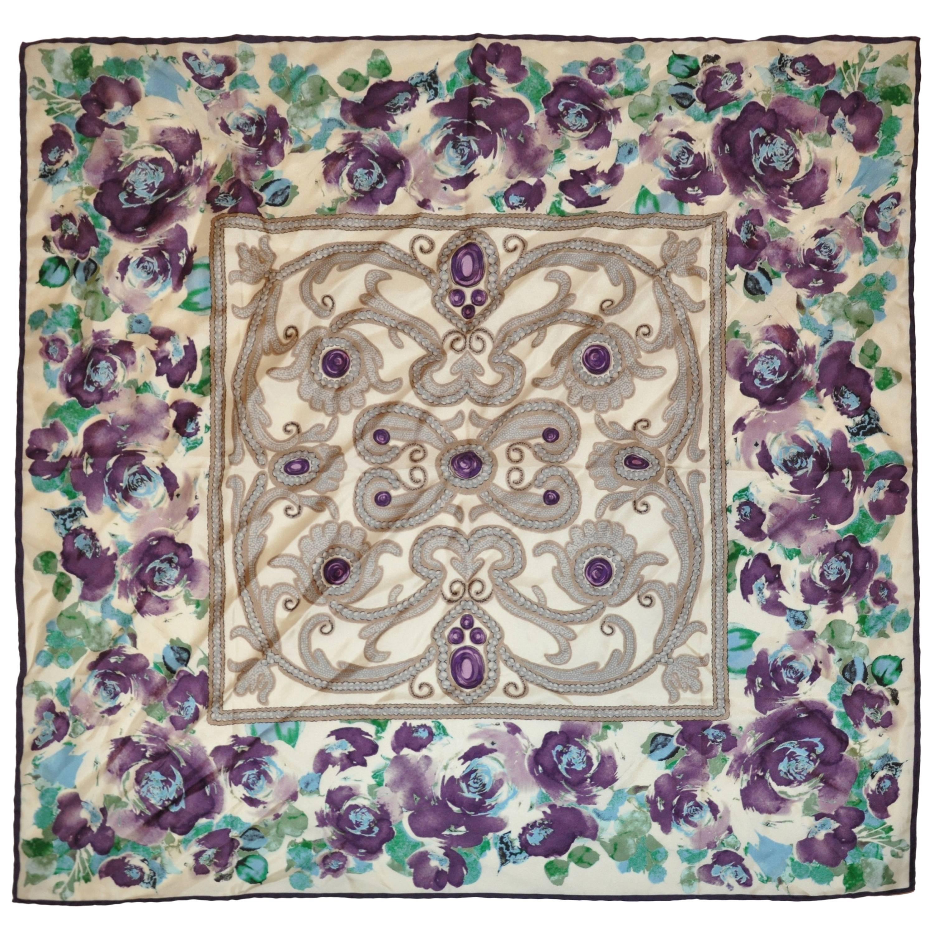 "Plum Floral & Jewels" Silk Scarf For Sale