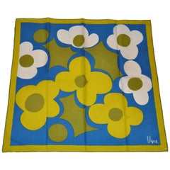 Vera Scarf with Flowers of Turquoise and Olive with Olive Borders, 1960s