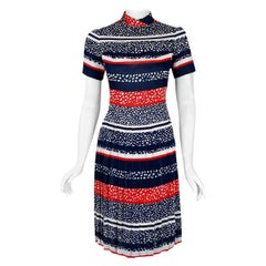 Vintage 1968 Christian Dior Couture London Stripe Silk Pleated Drop-Waist Dress