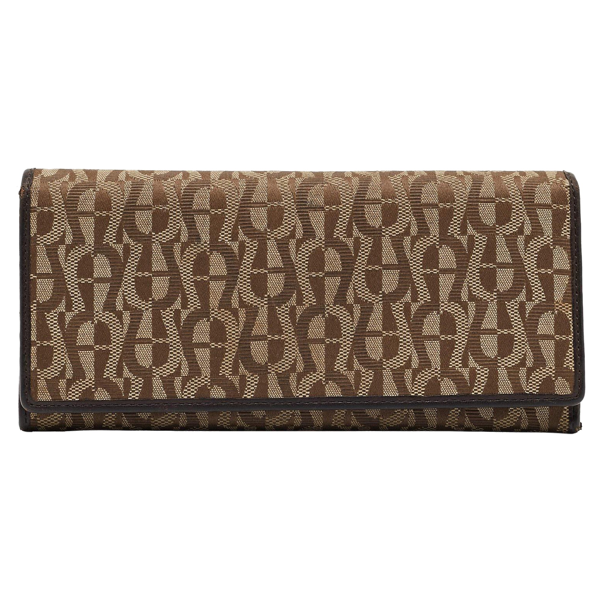 Aigner Beige/Brown Signature Canvas and Leather Flap Continental Wallet For Sale