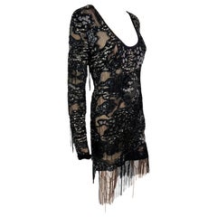 Roberto Cavalli S/S 2016 Pasarela Mini Vestido de Noche Negro con Cadena Embellished Sheer