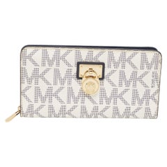 Michael Kors White/Blue Signature Coated Canvas Hamilton Zip Around Wallet