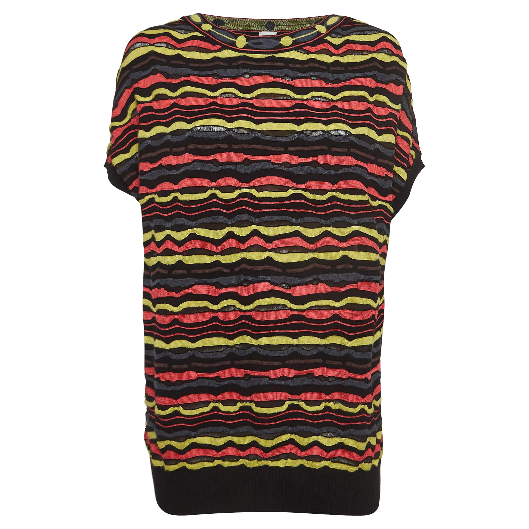 M Missoni Mehrfarbig gemusterter gestrickter Pullover mit kurzen Ärmeln und Pullover Top L