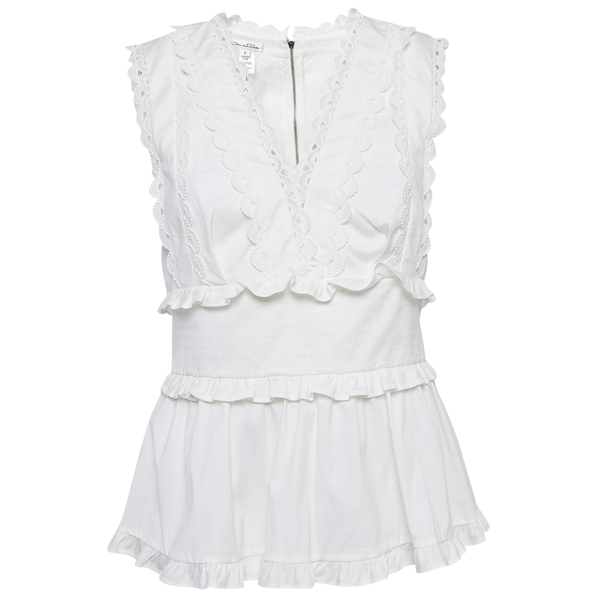 Oscar de la Renta White Lace Trim Cotton Ruffled Peplum Top M For Sale