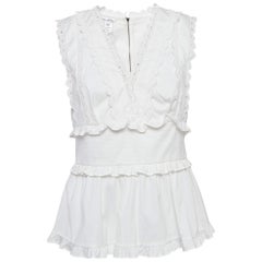 Oscar de la Renta White Lace Trim Cotton Ruffled Peplum Top M