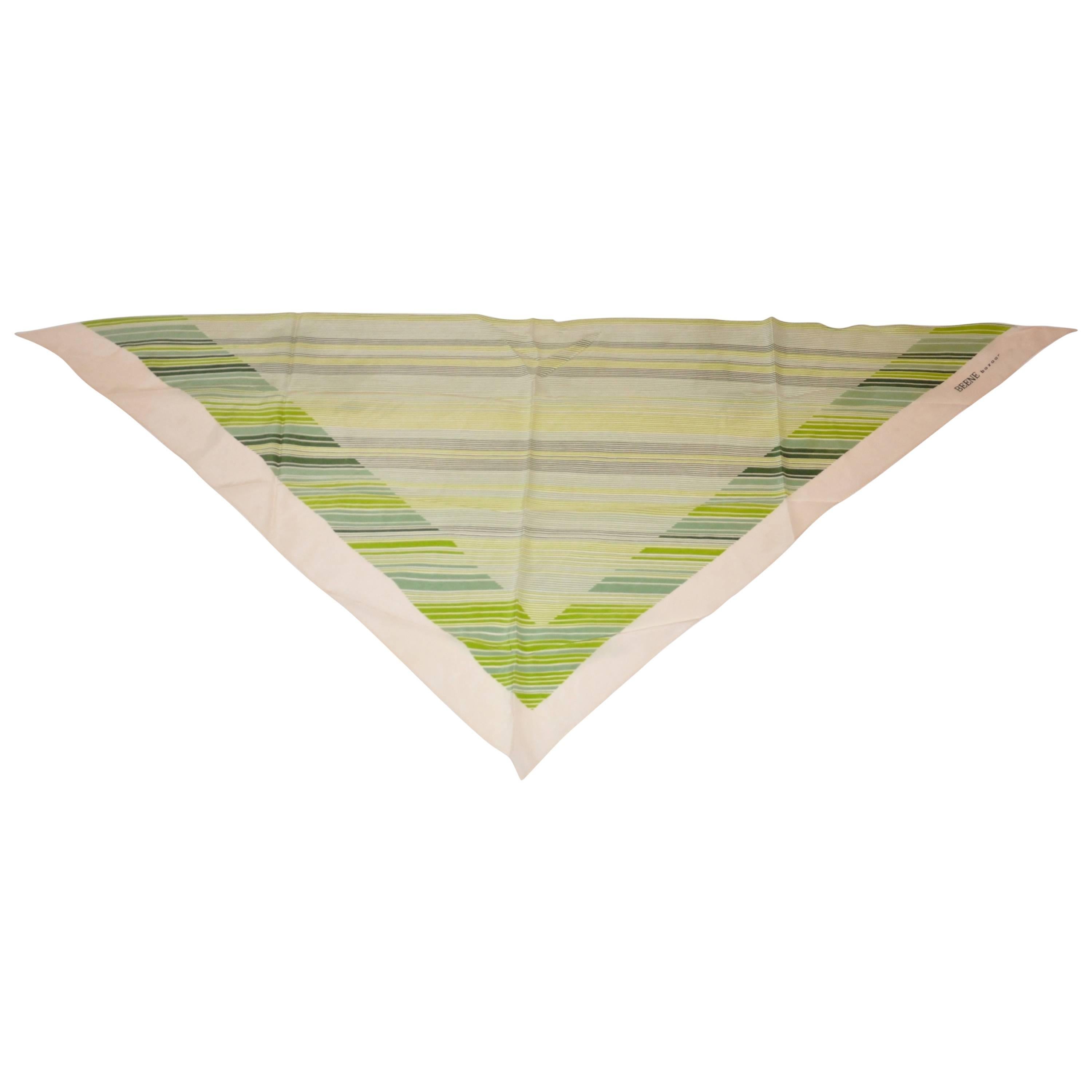 Geoffrey Beene Beige Border with Multi-Green Stripe Triangle Silk Scarf For Sale