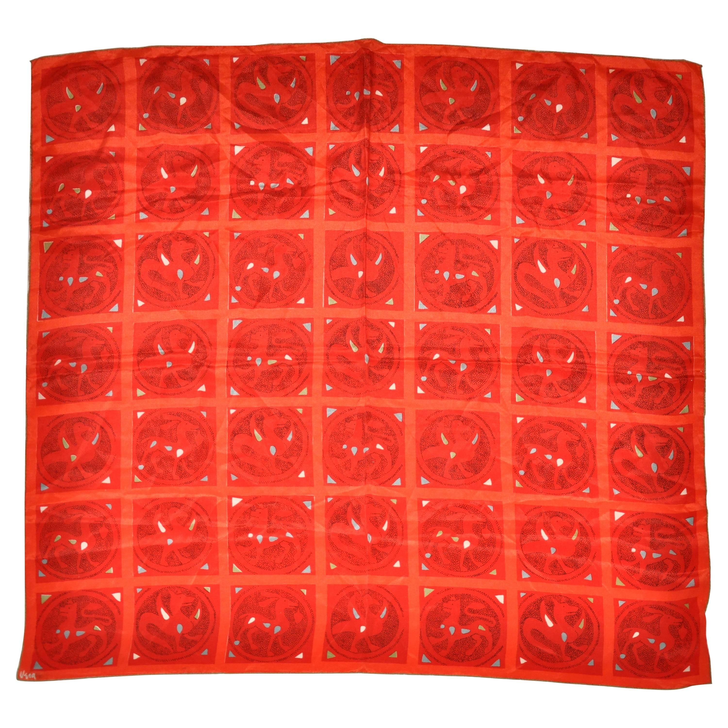 Vera "Squares & Circles with Creatures" Silk Scarf For Sale