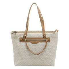 Michael Kors Beige/White Signature Coated Canvas and Leather Large Slater Tote