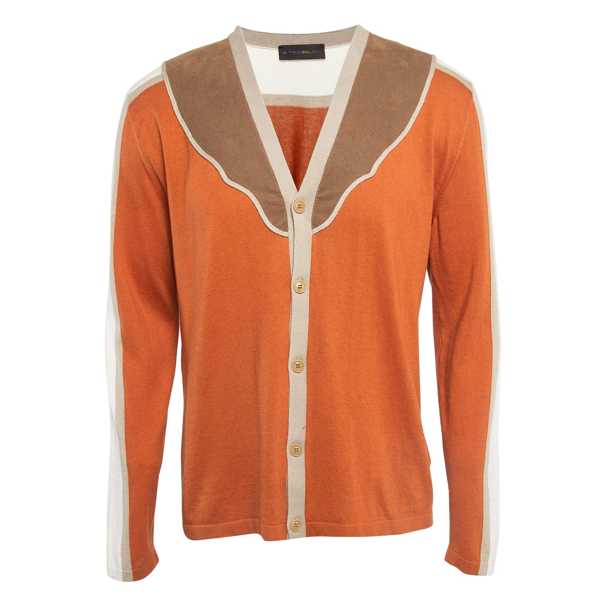 Etro Orange Faux Suede Trim Knit Panel Detail Button Front Cardigan XXL
