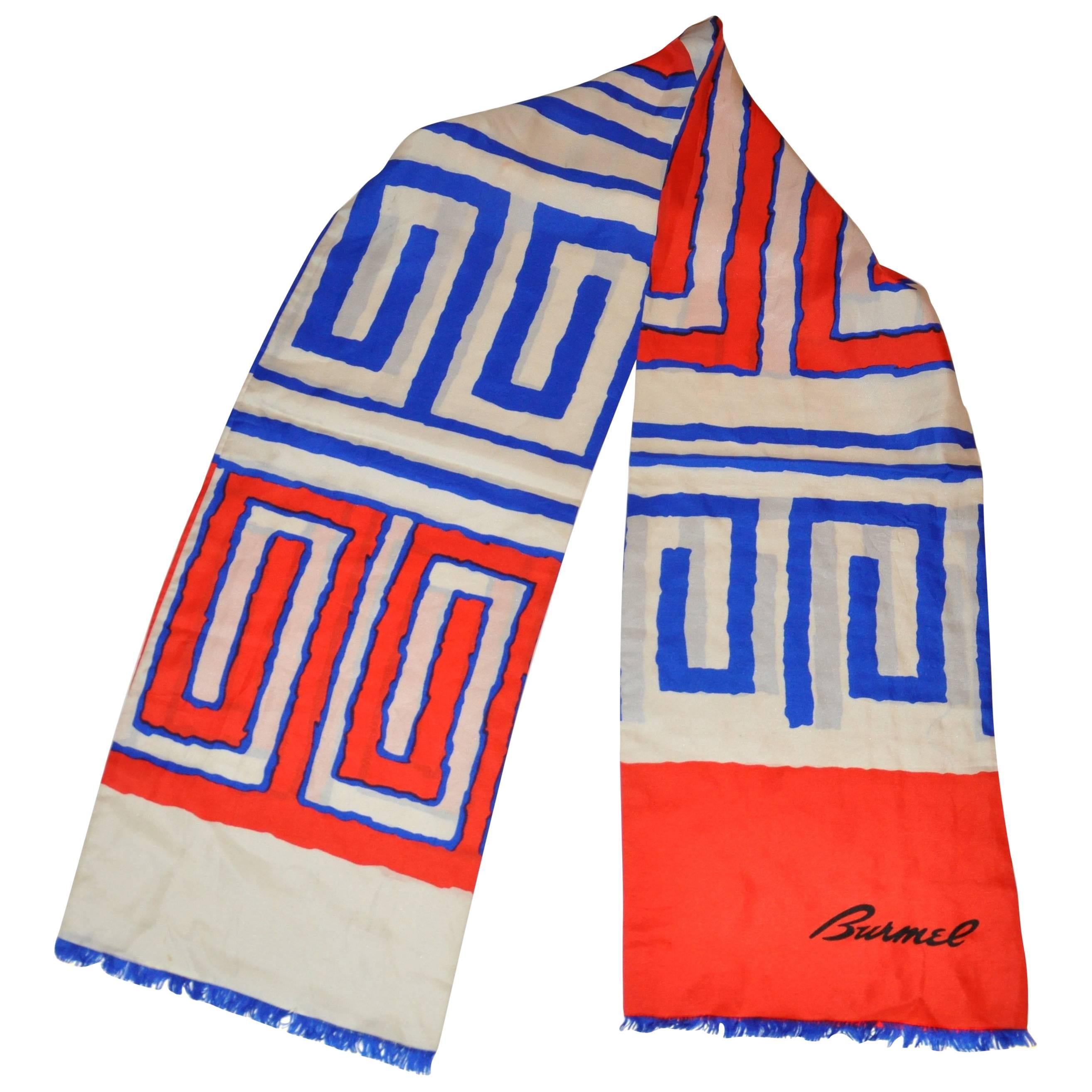 Écharpe rectangulaire à double épaisseur en soie à franges rouge, blanc et bleu Burmel audacieuse en vente