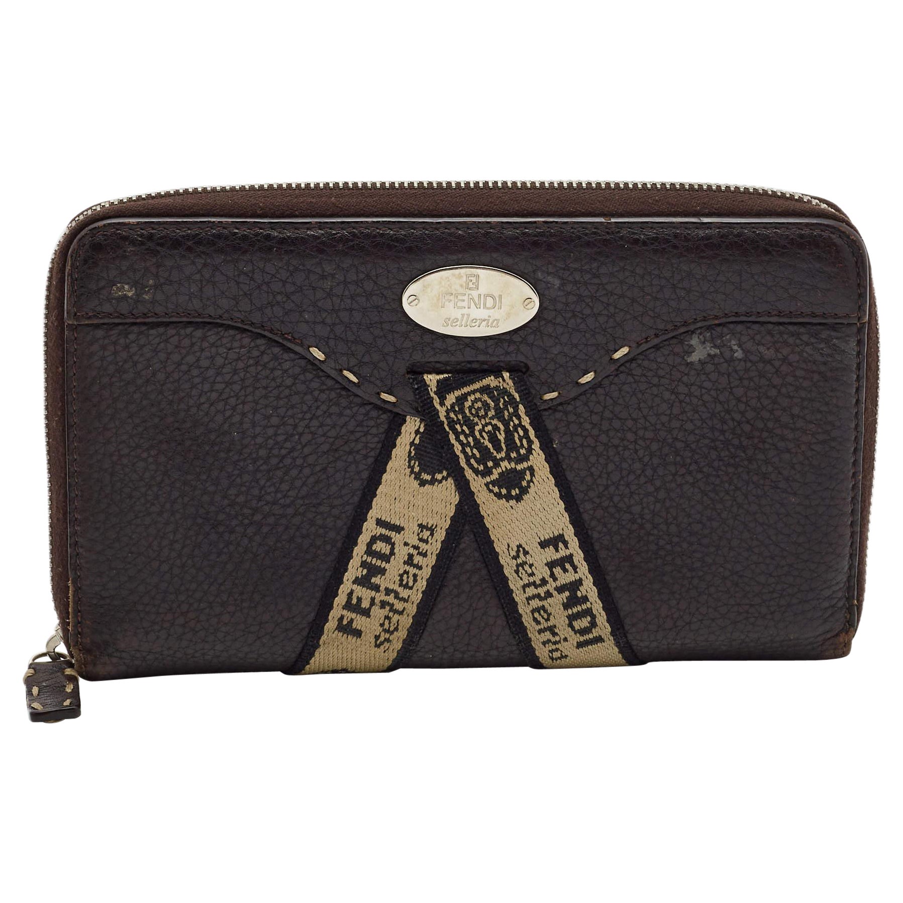 Fendi Black Sellieria Leather Logo Zip Around Continental Wallet For Sale
