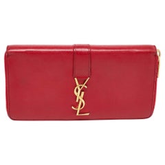 Saint Laurent Red Leather Monogram Zip Around Wallet