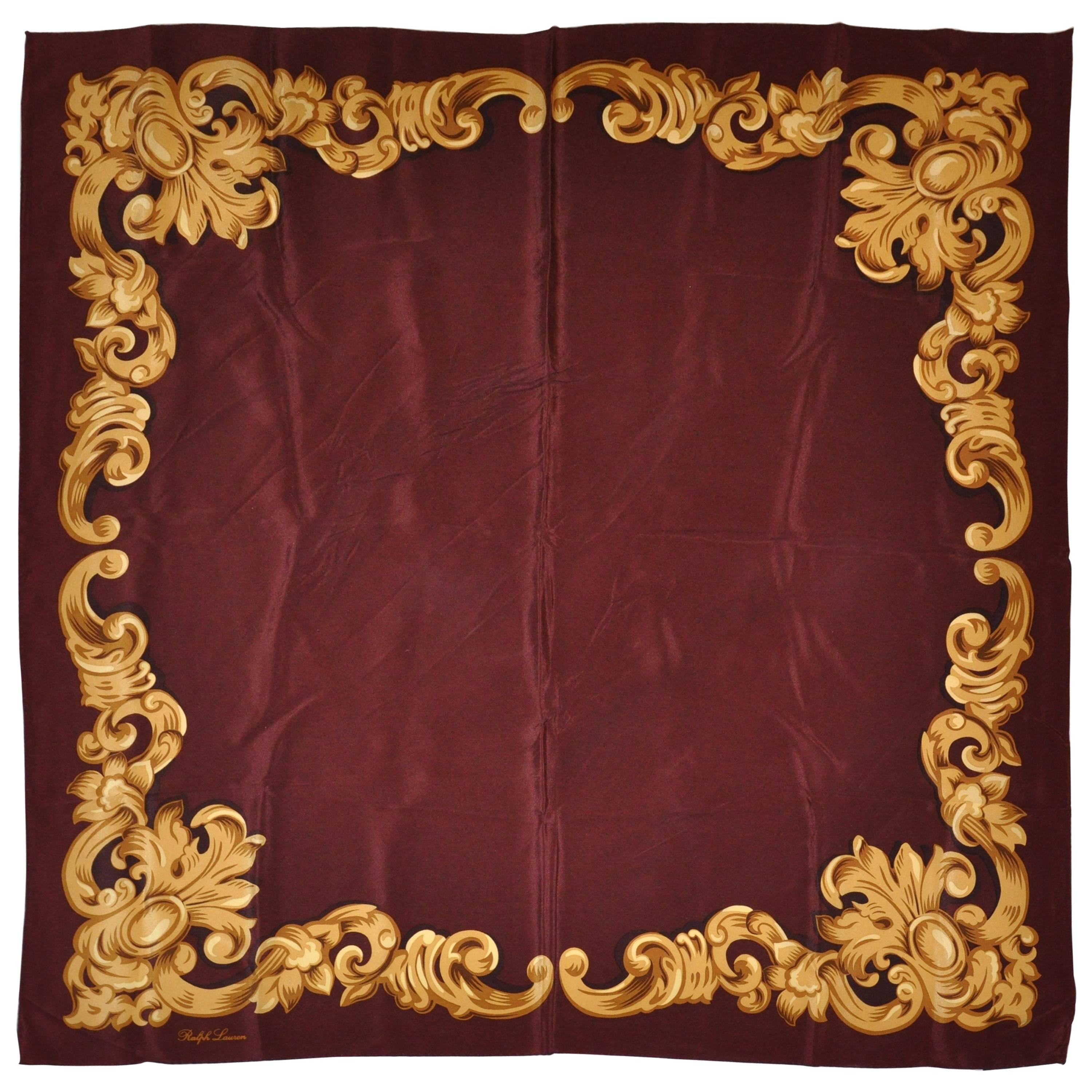 Ralph Lauren Deep Brown with Swirls of Gold Silk Scarf For Sale