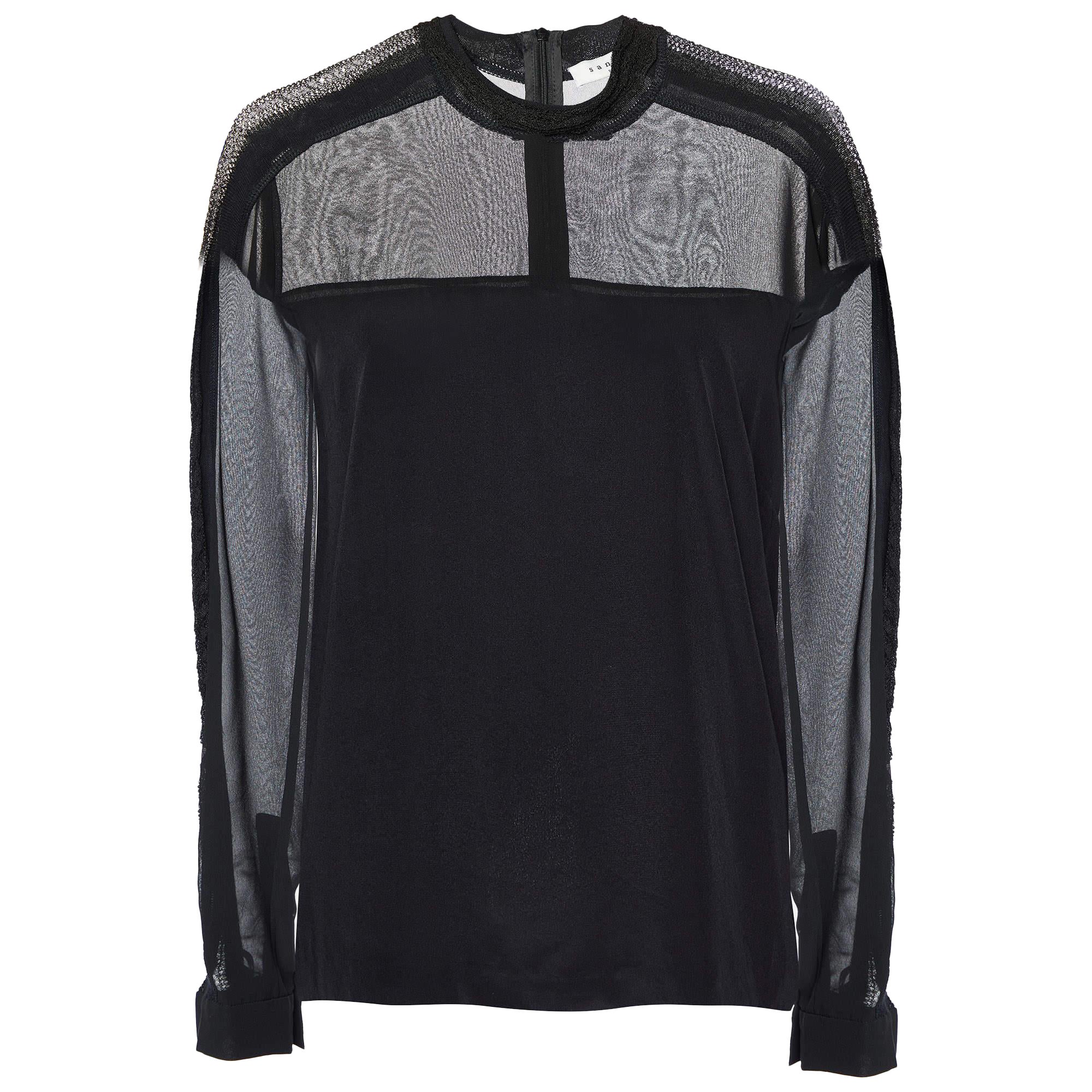 Sandro Black Silk & Knit Paneled Long Sleeve Top M For Sale