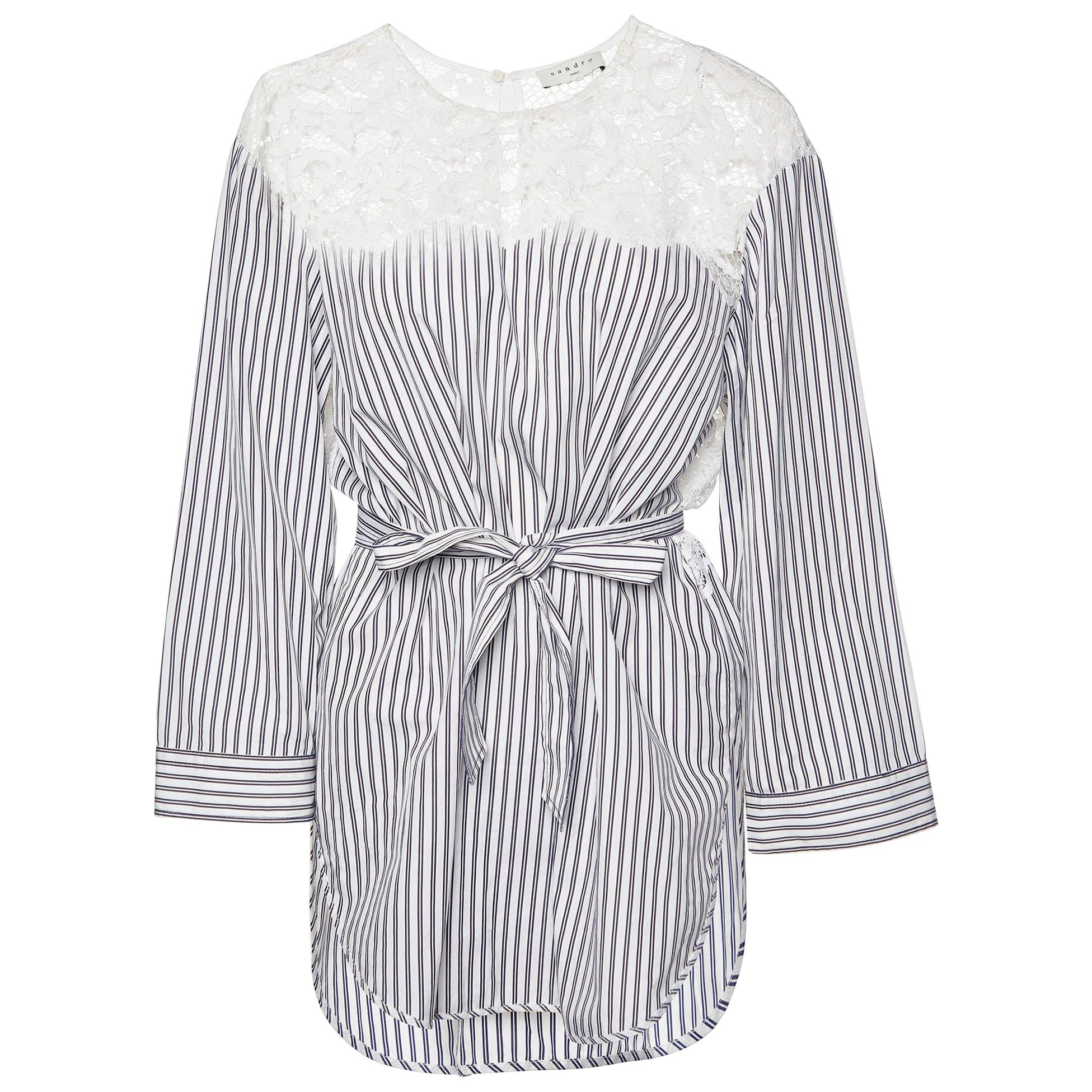 Sandro White/Blue Striped Cotton Lace Trim Dorothee Top L For Sale