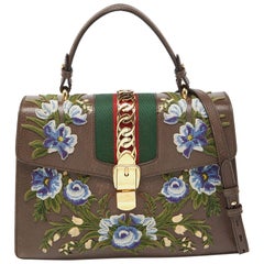 Gucci Brown Floral Embroidered Leather Medium Sylvie Top Handle Bag