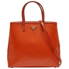 Prada Orange Saffiano Vernice Leather Parabole Tote