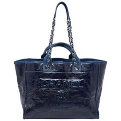 Chanel Navy Blue Leather Large Deauville Tote