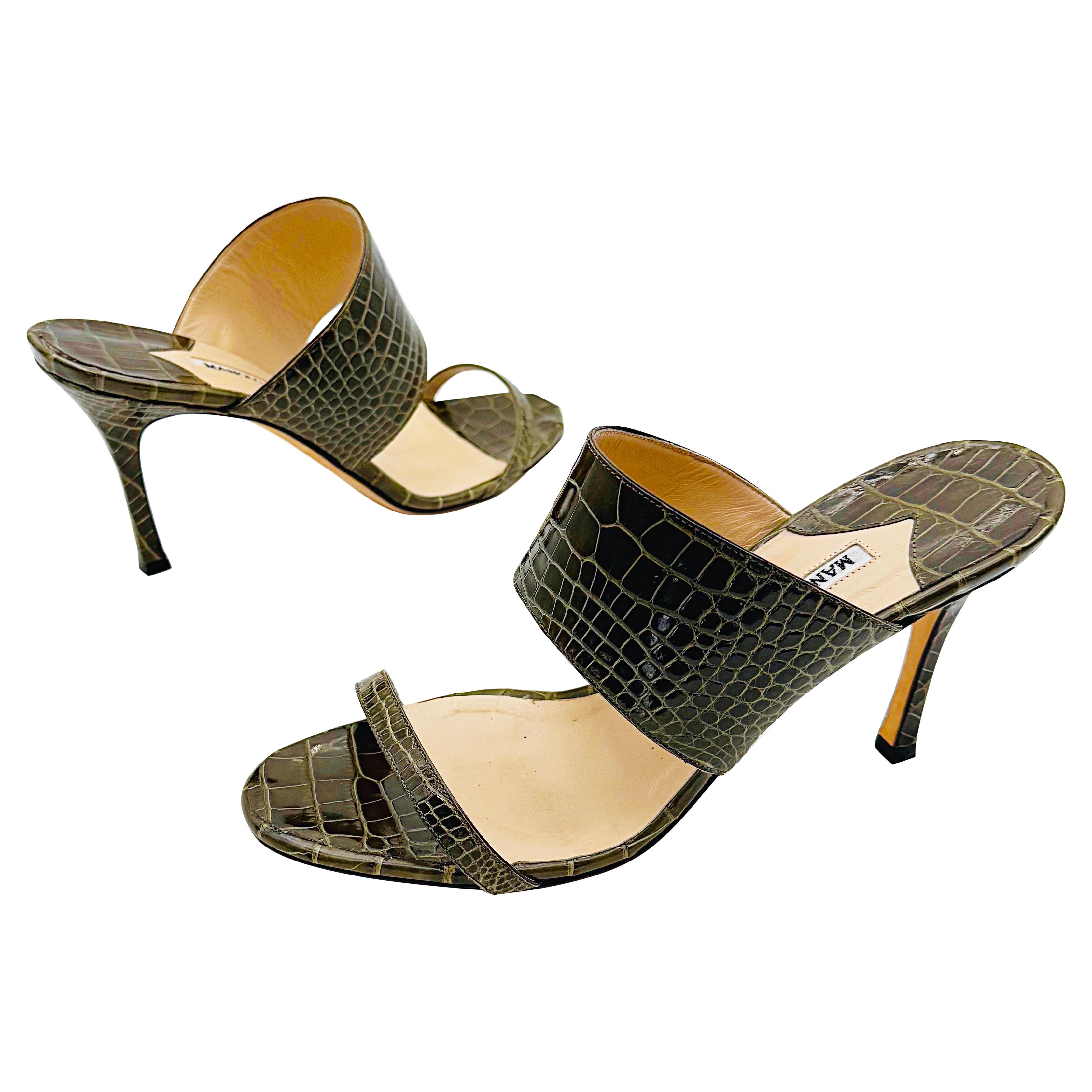 New Manolo Blahnik $2, 900 Size 39.5 Genuine Alligator Olive Green Heels Sandals For Sale