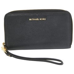 Michael Kors Black Leather Logo Zip Around Wristlet Wallet