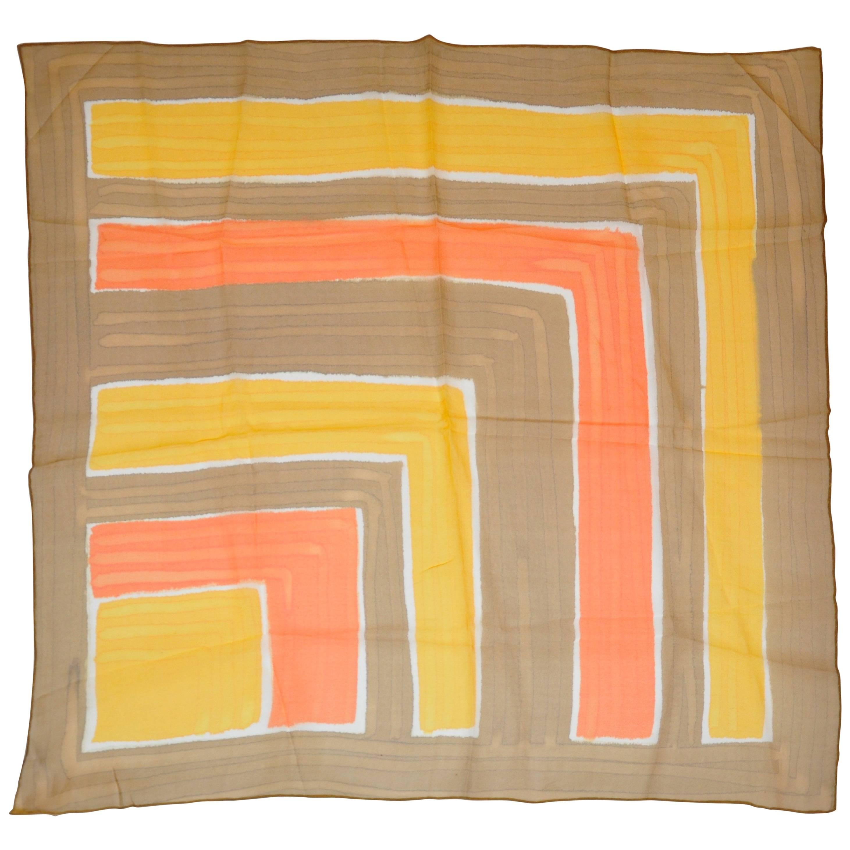 Sheer Browns with Tangerine & Yellow Color-Block Scarf For Sale